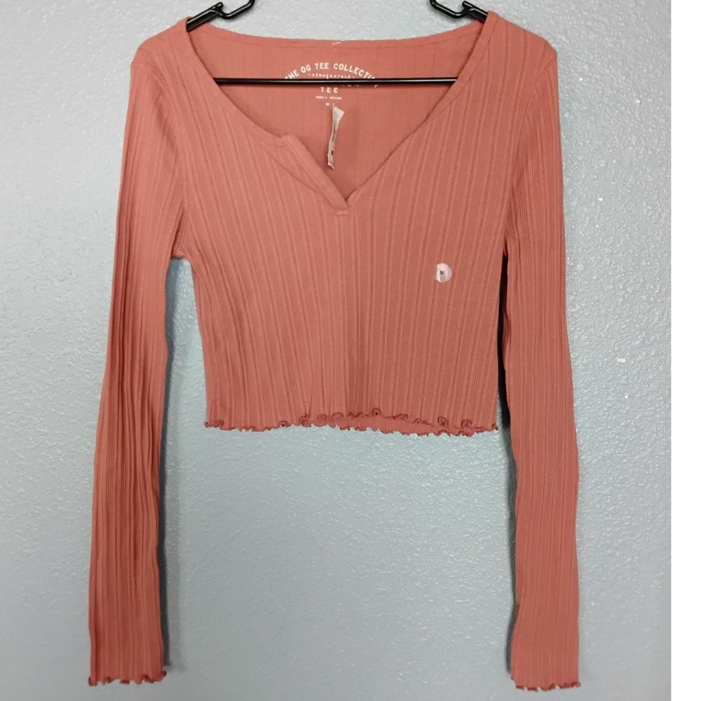 Aeropostale Shrunken Tee Ribbed Notch Neck Long Sleeve Crop Top Orange